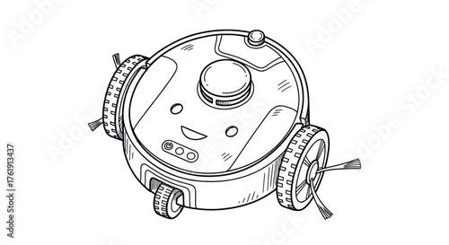 Robotic Vacuum Cleaner Illustration with Wheels and Brushes, Line Art Style.