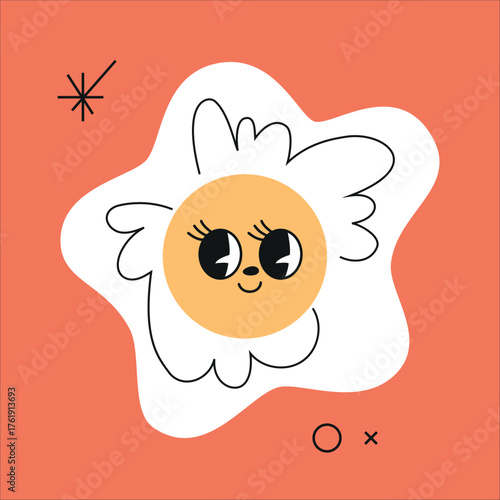Daisy flower with cute face expression. Funny joyful emoji character, looking aside with big eyelash
