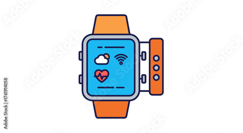 Colorful cartoon smartwatch icon with an orange band, displaying weather, Wi-Fi, and heart rate monitor.