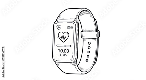 Hand-drawn Smartwatch Illustration with Heart Rate and Step Counter Display.