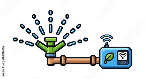 Cartoon icon of a smart garden sprinkler system with a wireless electronic timer.