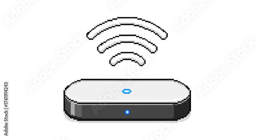 Simple digital illustration of a wireless internet router with a broadcasting signal icon.