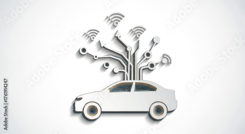 Connected Car Concept - White Sedan with Network Antennae.