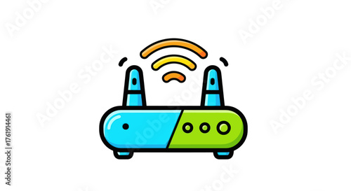 Cartoon Style Wireless Router with Antennas and Signal Waves.