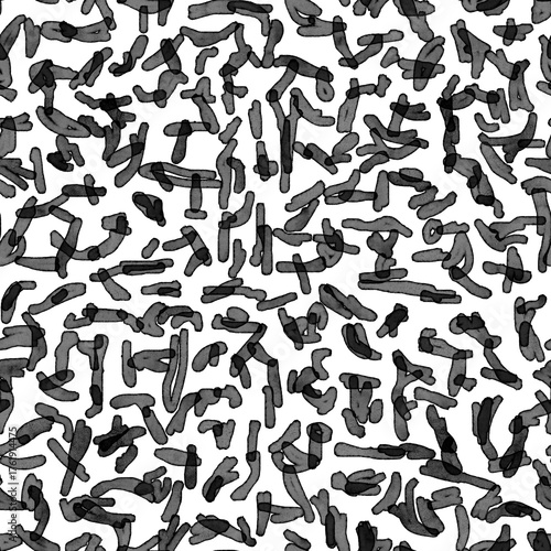 Abstract Watercolor Black Brushstroke Seamless Pattern on White Background. Modern, artistic texture with chaotic bold black brushstroke shapes. Tileable design with a chaotic elements.