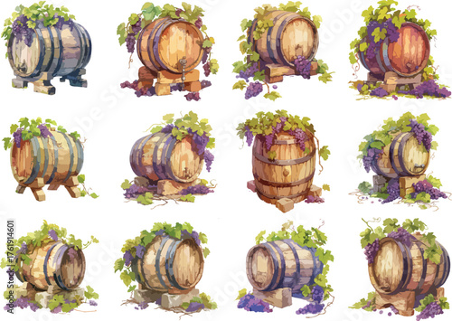 Watercolor Wine Barrels with Purple Grapes Clipart