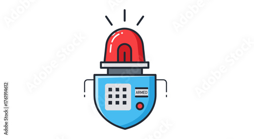 Cartoon Security Alarm System with Red Flashing Light and Keypad.