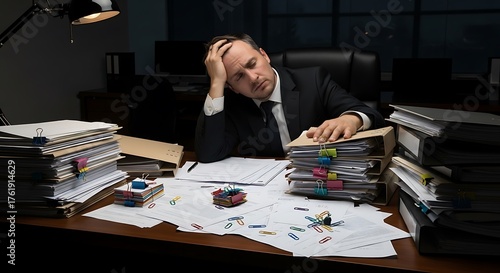 Overwhelmed Businessman Late Night Workload.