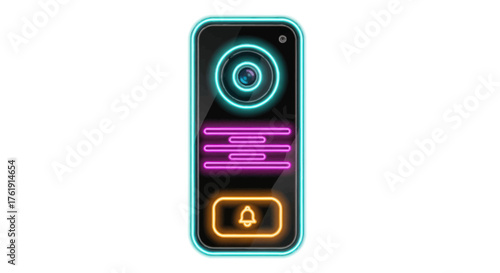 Futuristic Neon Smart Doorbell with Camera and Notification Light.