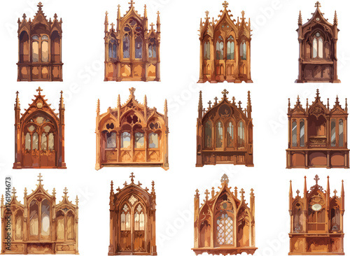 Watercolor Antique Carved Wooden Cabinet Clipart