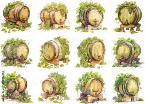 Watercolor Wine Barrels with Green Grape Vines Clipart