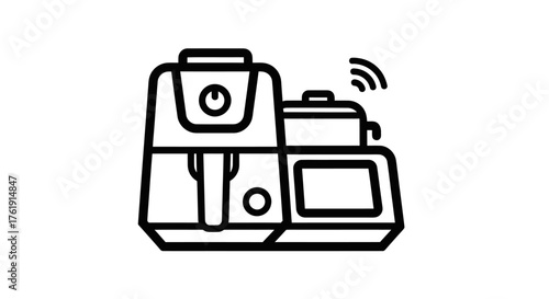 Black and White Line Art Illustration of a Food Processor with Wireless Signal.