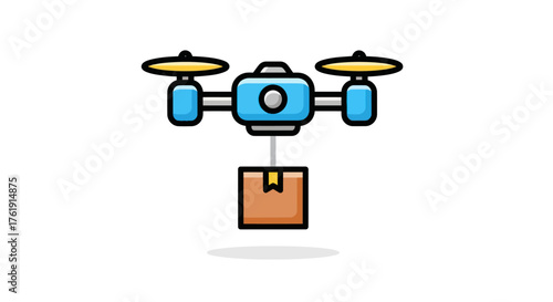 Stylized blue delivery drone icon carrying a cardboard box package for aerial shipping service.