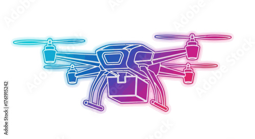 Futuristic drone delivering a package with neon glow.