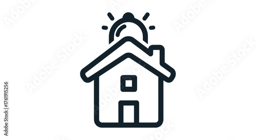 Minimalist black line icon of a house with a ringing security alarm bell on the roof.