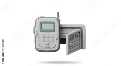 Gray Two-Way Radio with Open Safe Door Illustration.