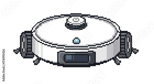 White Round Robot Vacuum Cleaner Pixel Art Illustration.