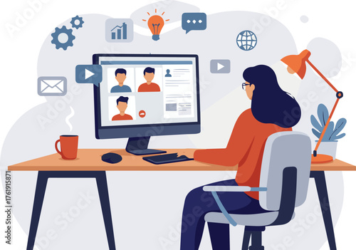 Productive woman engaging in virtual video conference from her home office, demonstrating efficient remote work and digital collaboration for modern business communication