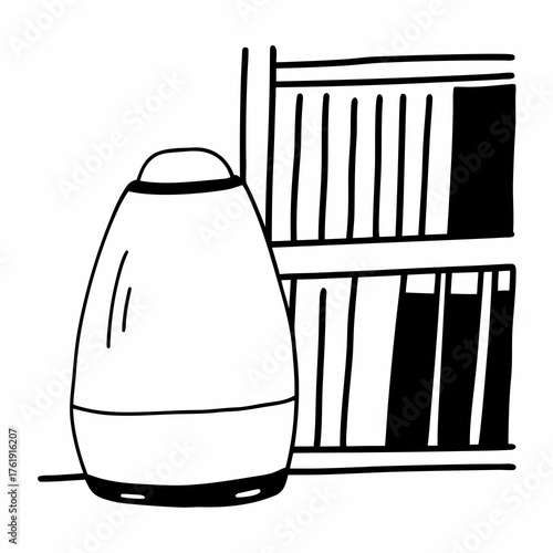 Aromatherapy diffuser next to bookshelf in minimalist design  