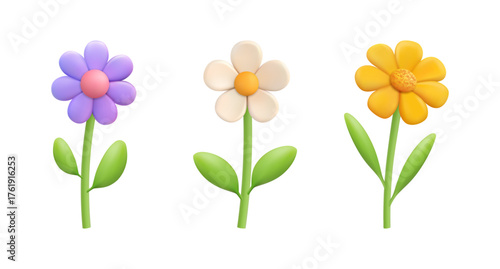 Wildflowers in blossom. Vector 3d style, isolated blooming daisy and chamomile flourishing. Vegetation decor for game design, herbs and bush foliage. Elegant petals of botany with green leaves