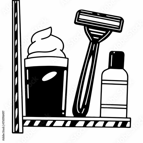 Line drawing of shaving cream, razor, and lotion on shelf  
