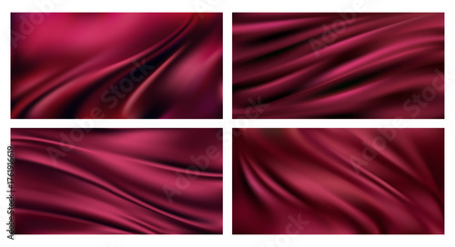Wavy abstract satin cloth, clumped surface of burgundy color fabric material. Vector realistic background texture. Set of textile, silk or velvet curtains or draperies, tablecloth or elegant tissue