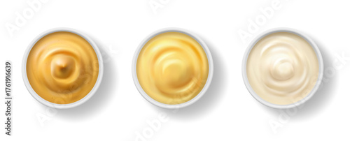 Bowls with seasonings and dip sauces for dishes and meal. Vector isolated realistic icon set of tasty mustard and garlic flavor, mayonnaise or spicy delicious dressings for salads. Snacks addition