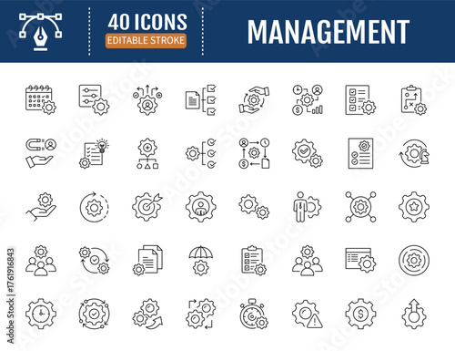 Management line icon set. Includes manage,
plan, lead, strategy, goal, task, team, schedule,
organize, project and more. Vector Illustration
with Editable Strokes