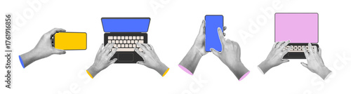 Halftone style 3D hands using laptops and smartphones. Vector isolated set of collage elements. Minimal dotted pattern montage layout modern tech infographics, app showcases or creative UX design