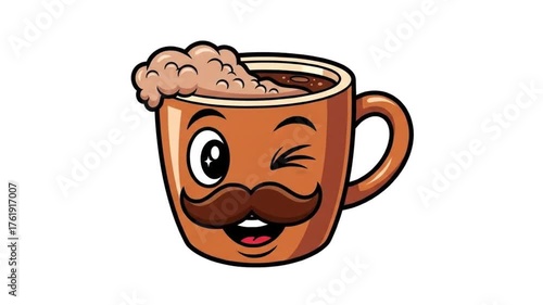 Winking mustache mug brimming with frothy coffee charm