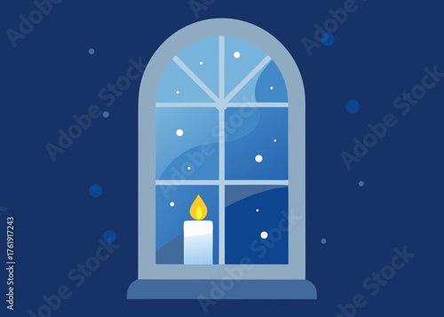 Candlelight glows softly through a winter window pane