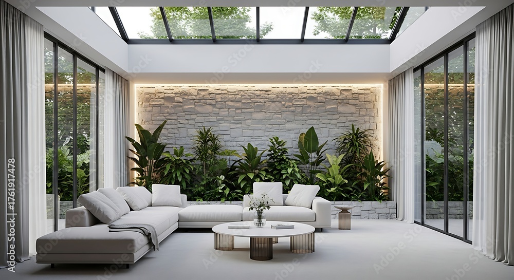 Fototapeta premium Bright Interior - Modern Living Room with Skylight, Stone Wall, and Lush Greenery.