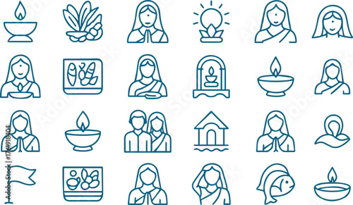 Chhath puja icons isolated on white background showcasing traditional elements and symbols associated with the hindu festival dedicated to the sun god and chhathi maiya