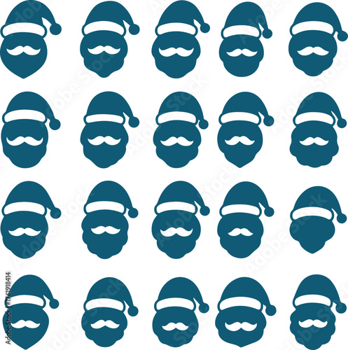 A festive grid of twenty four santa claus faces in black silhouette isolated on white background, perfect for holiday themed designs and decorations