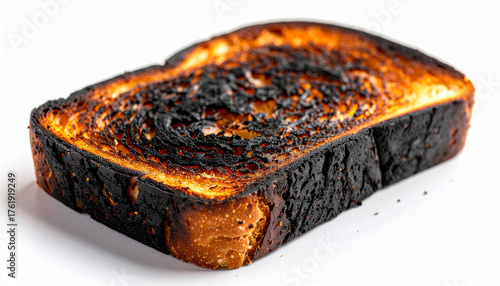 Burnt slice of bread with charred edges, blackened surface, unappetizing toxic food concept.