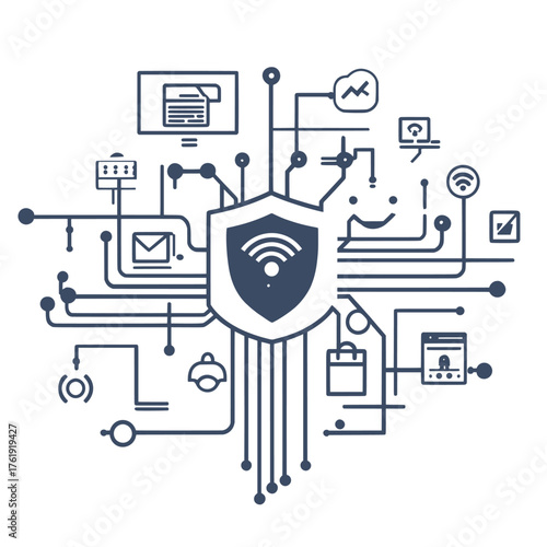 flat line art style illustration of network defense strategies