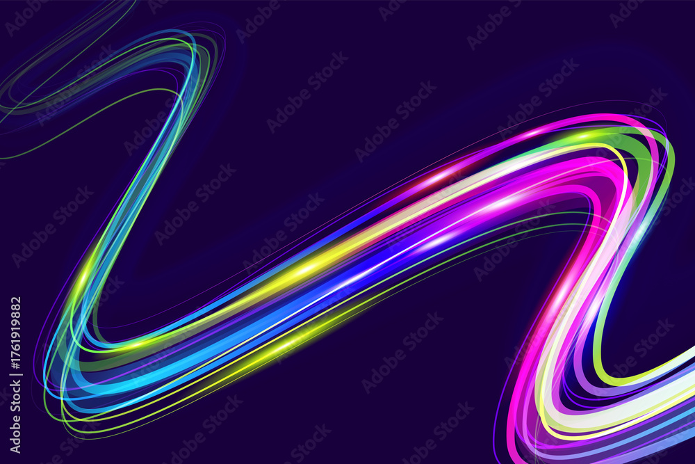 Obraz premium Abstract swirling vibrant neon light trails creating a dynamic wavy ribbon of colorful light against a dark background