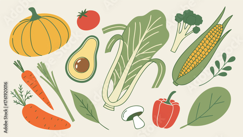 A colorful flat-style illustration of fresh vegetables. Includes pumpkin, tomato, avocado, corn, zucchini, carrot, celery, bok choy, asparagus, bell pepper, mushroom, radish, pea pod, onion.