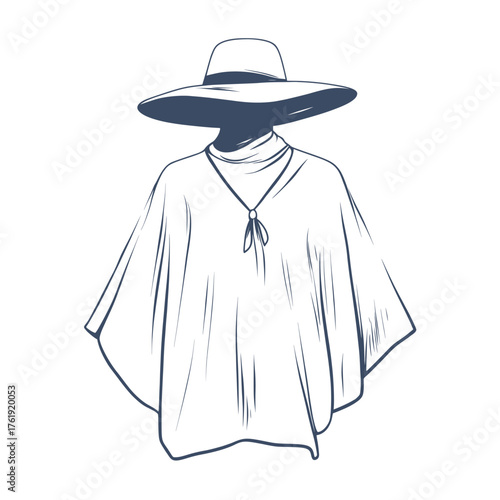 flat outline vector illustration simple style of fashionable poncho