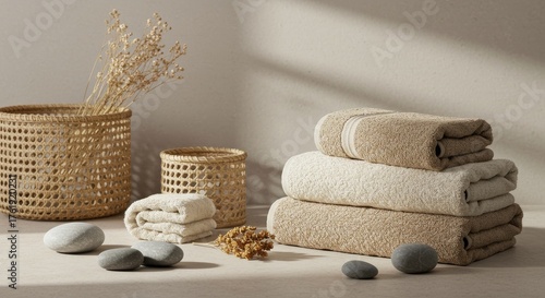 Spa setting with folded towels, decorative stones, and baskets  