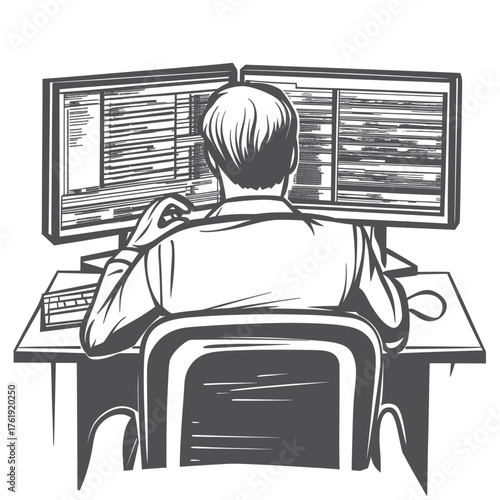 flat vector illustration of network security specialist monitoring traffic