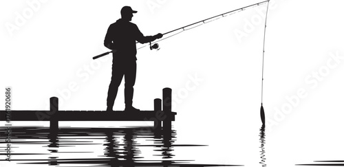 Fisherman Fishing at Pier Silhouette Waterside Outdoor Recreation Leisure Activity Illustration