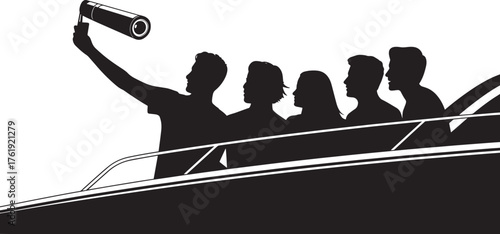 Group Selfie on Boat Silhouette Vacation Trip Togetherness Tourism Celebration