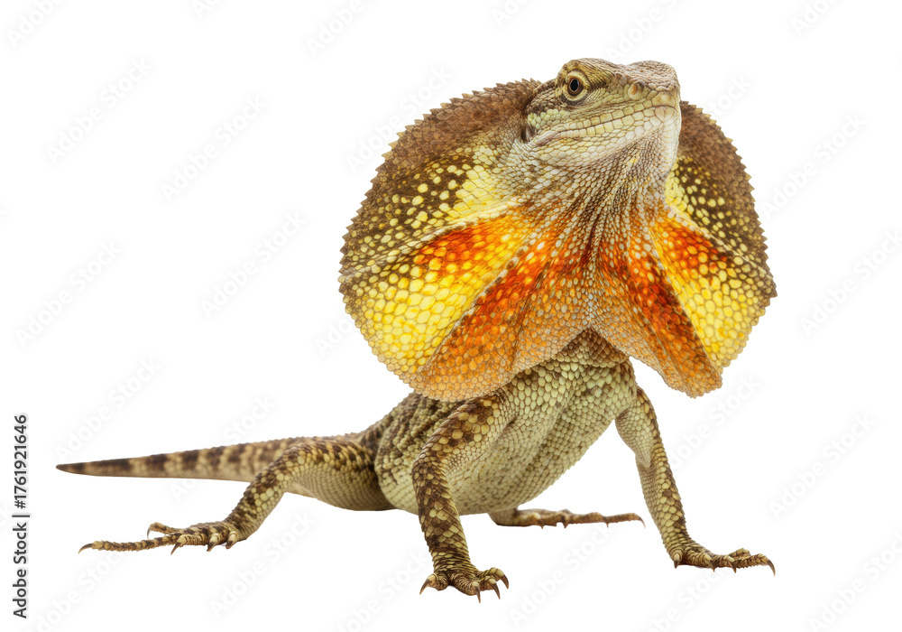 Obraz premium Isolated Frilled-Neck Lizard displaying its frill; striking pose, curious animal expression