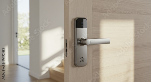 Smart door lock on modern wooden door with natural light  