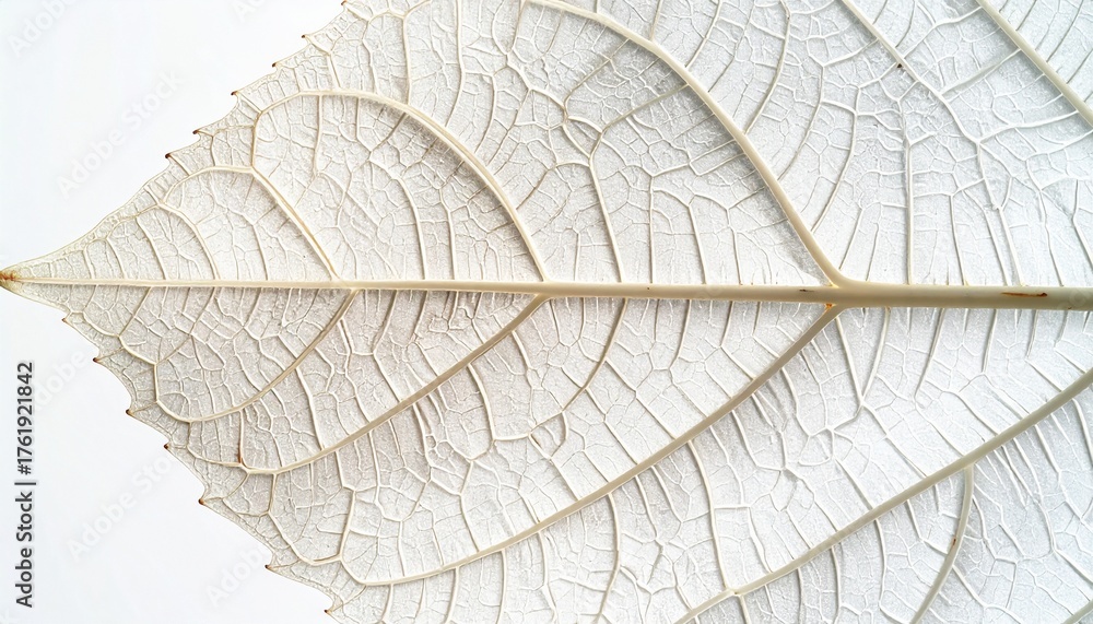 Obraz premium Close-up of a translucent white leaf skeleton with intricate vein patterns, botanical structure on a bright background, natural texture, abstract plant detail