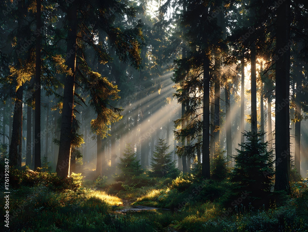 Obraz premium Breathtaking wide shot of a tranquil forest at dawn, with brilliant golden sunbeams cutting through the tall trees and illuminating the morning mist.