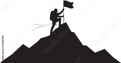 Mountaineer Silhouette Planting Flag on Mountain Top Achievement Success Challenge