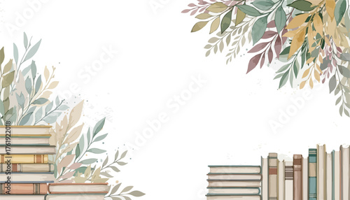 Watercolor frame background with old books and decorative vintage botanical foliage border