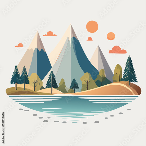 Ruhige Vektor-Natur: Stilisierte Berge und Seen